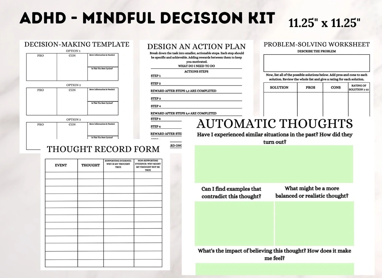ADHD Mindful Decision Kit with templates for decision-making, action planning, problem-solving, thought recording, and automatic thoughts analysis.