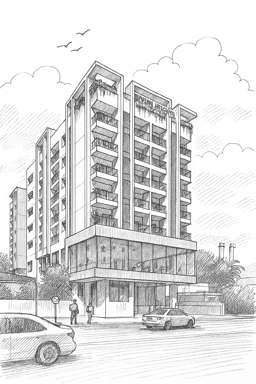 Contemporary mixed-use building sketch with articulated vertical bays, stacked balconies, and a glazed ground-floor podium defining the street edge.