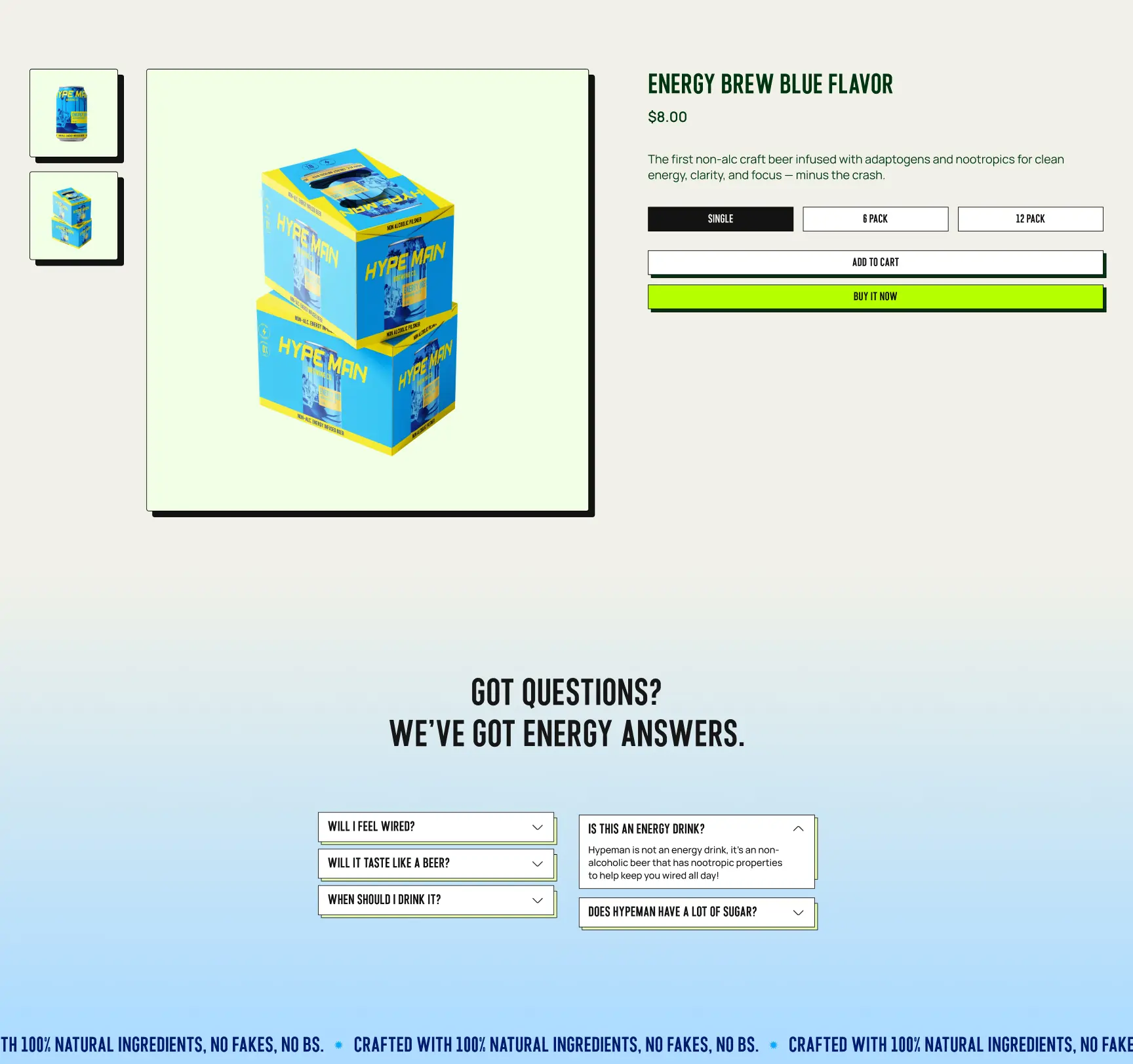 Mockup of the Hypeman product detail page featuring the blue can flavor.