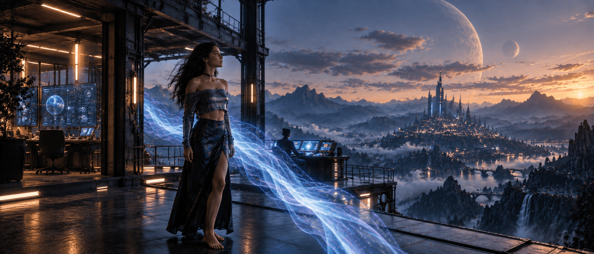 Alternate sci-fi generation of a woman overlooking a mountain city with flowing blue energy.