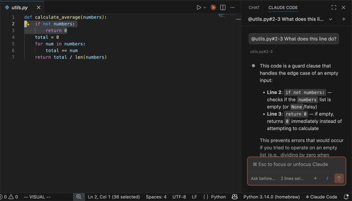 Sesión de Claude Code en VS Code respondiendo al momento a una pregunta sobre dos líneas de código