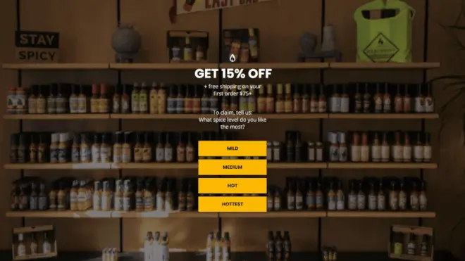 Heatonist multistep popup with spice-level quiz and 15% discount offer