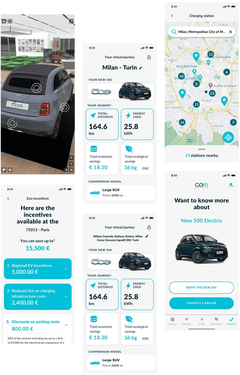 Screen dell'applicazione che mostrano statistiche dei viaggi fatti, sedi nelle vicinanze e informazioni sulle autovetture Fiat