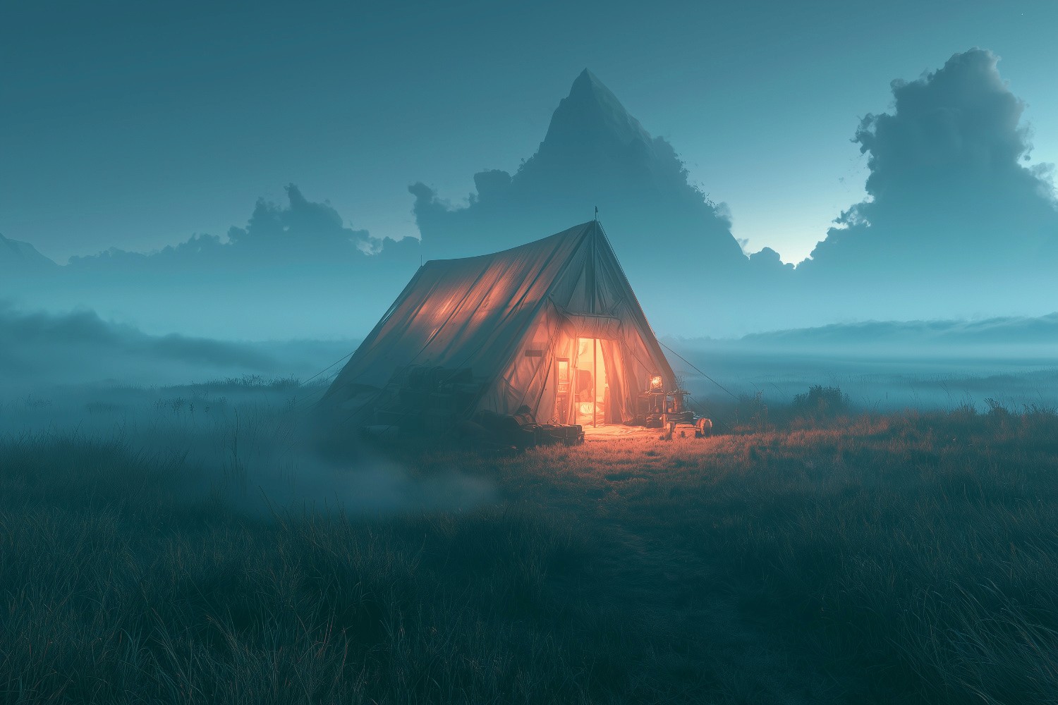 A glowing tent pitched in a misty field with a mountain peak rising in the background