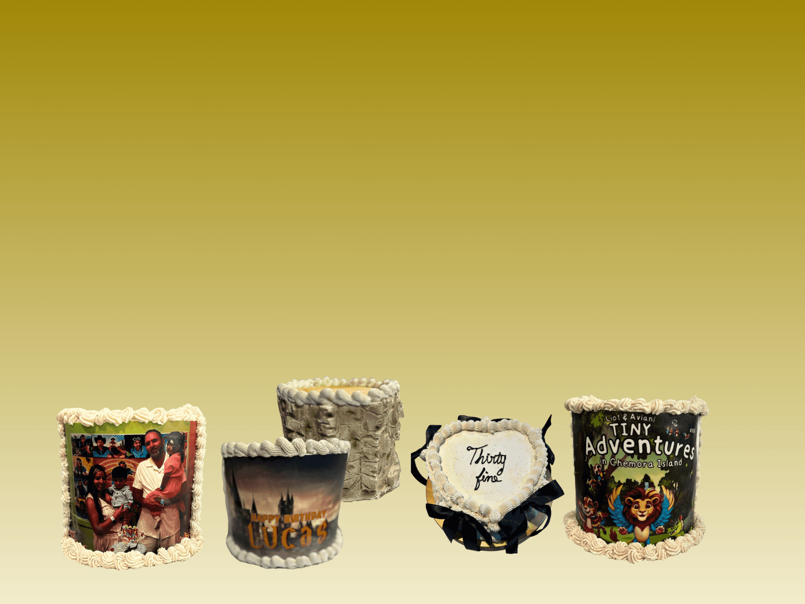 Collection of custom cakes including birthday cakes, wedding cakes, and cupcakes from Sweet Dreams Bakery South Florida
