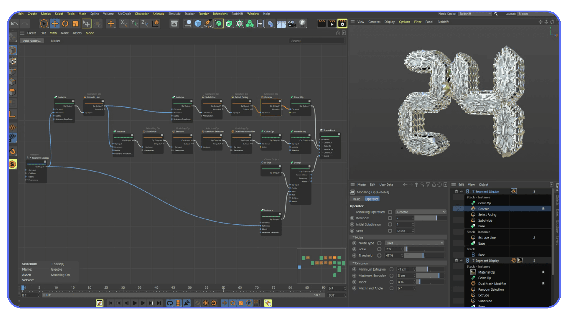 Cinema 4D node-based modeling interface displaying a procedural geometry node graph and generated mesh