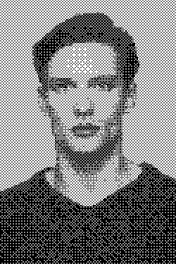A grayscale halftone portrait of a person with short, dark hair and a neutral expression, wearing a textured sweater. The style evokes a vintage newspaper print.