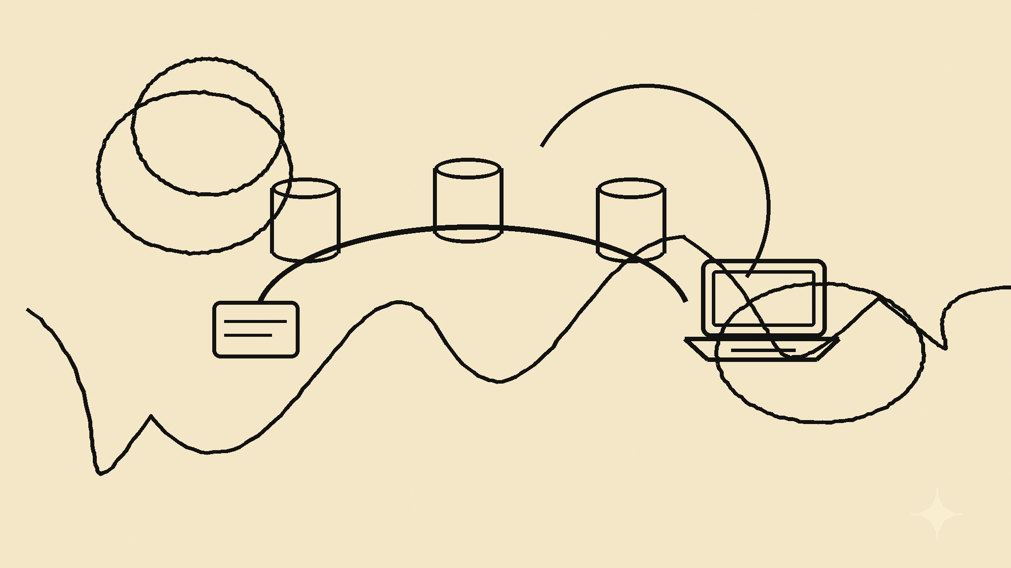 Editorial line drawing of connected data cylinders, a bridge arc, and system cards on warm cream paper.