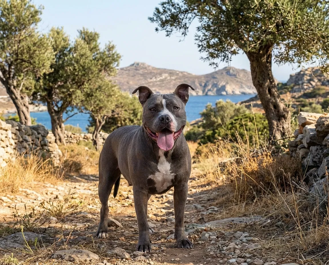 Neutral portrait of a pit bull outdoors on a Mediterranean island.