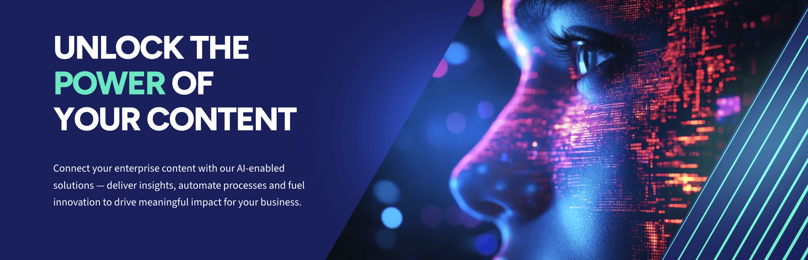 Promotional banner with the headline “Unlock the Power of Your Content” on a dark blue background, next to a stylized profile of a face overlaid with digital, multicolored data visualization effects.