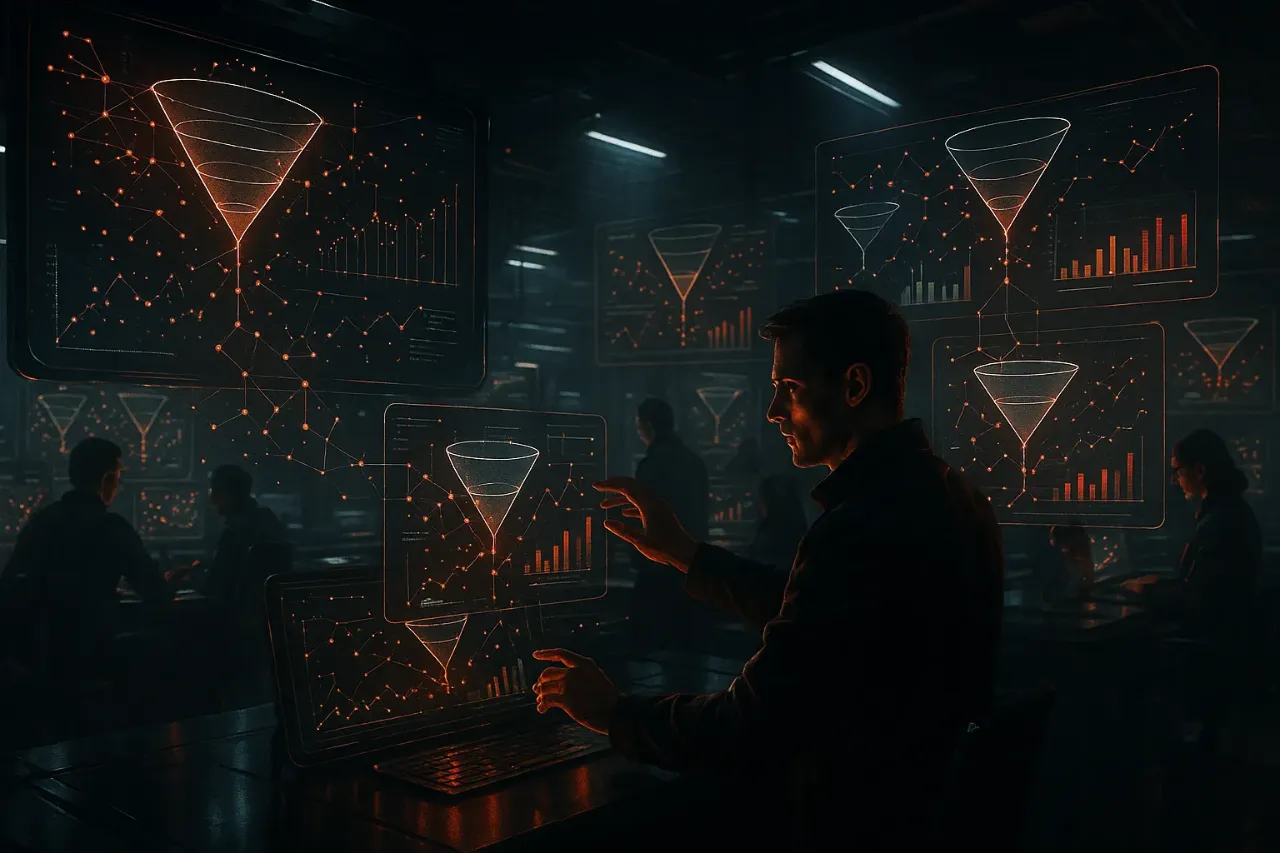 Man analyzing digital data visualizations at RockN' Socials Digital Marketing Agency.