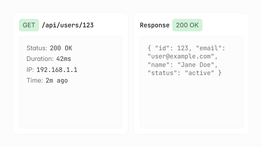 API GET request for user 123 returns user data and a 200 OK status.