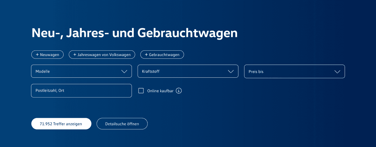 Ansicht des Schnellsuche für Fahrzeuge mit Filtern nach Modell, Preis oder Standort und zwei Button mit der Aufschrift "[Anzahl] Treffer anzeigen" und "Detailsuche öffnen".