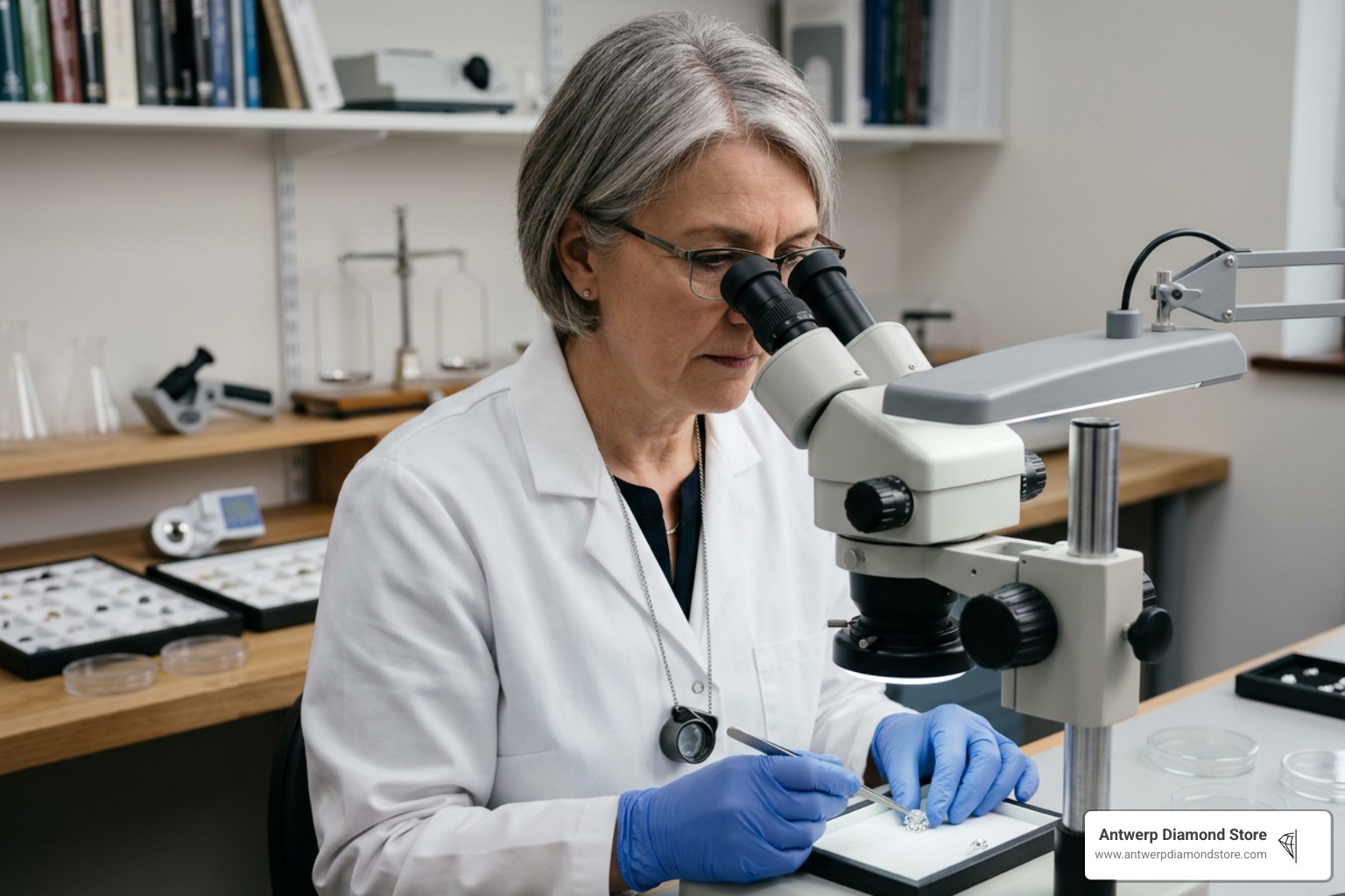 certified gemologist examining loose diamond in laboratory setting