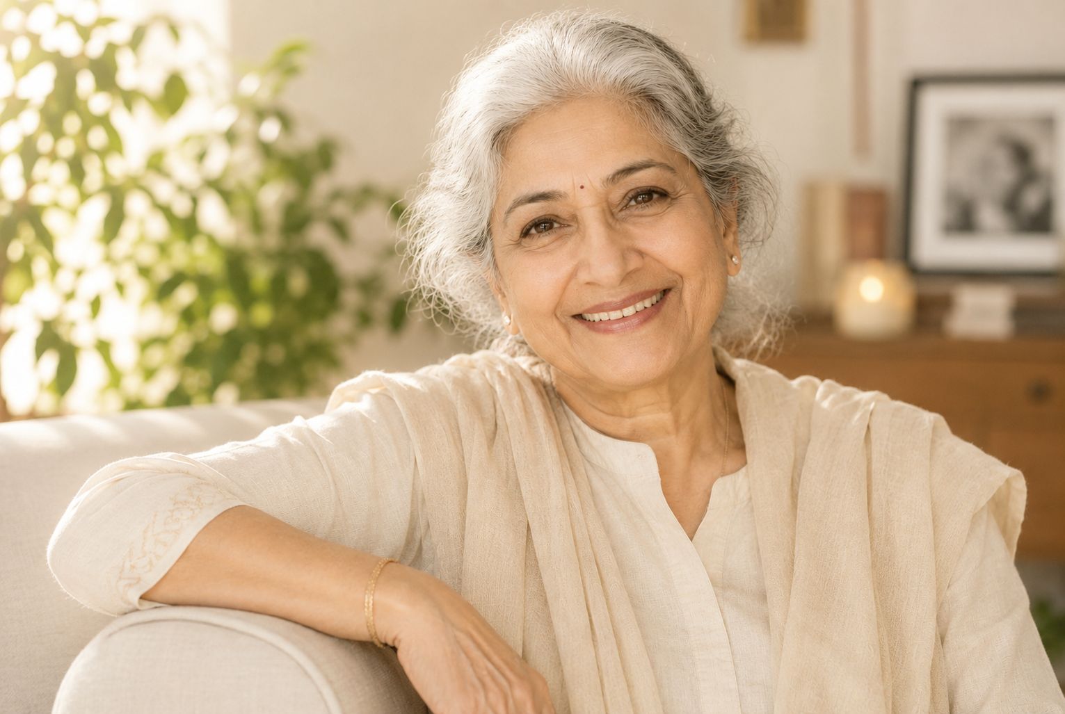 smiling woman holding ceramic teacup