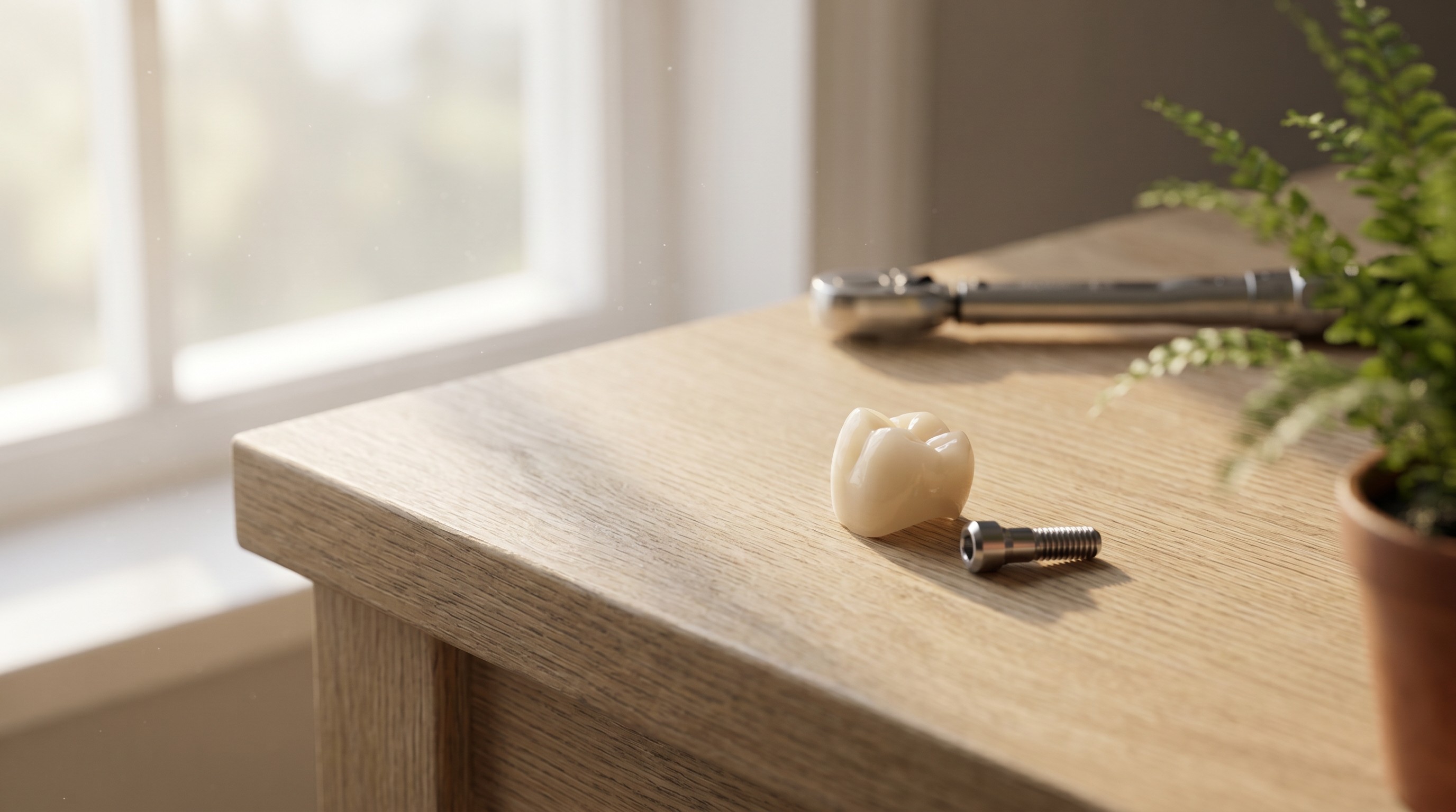 A dental implant crown and small abutment screw on a wood desk in warm natural window light