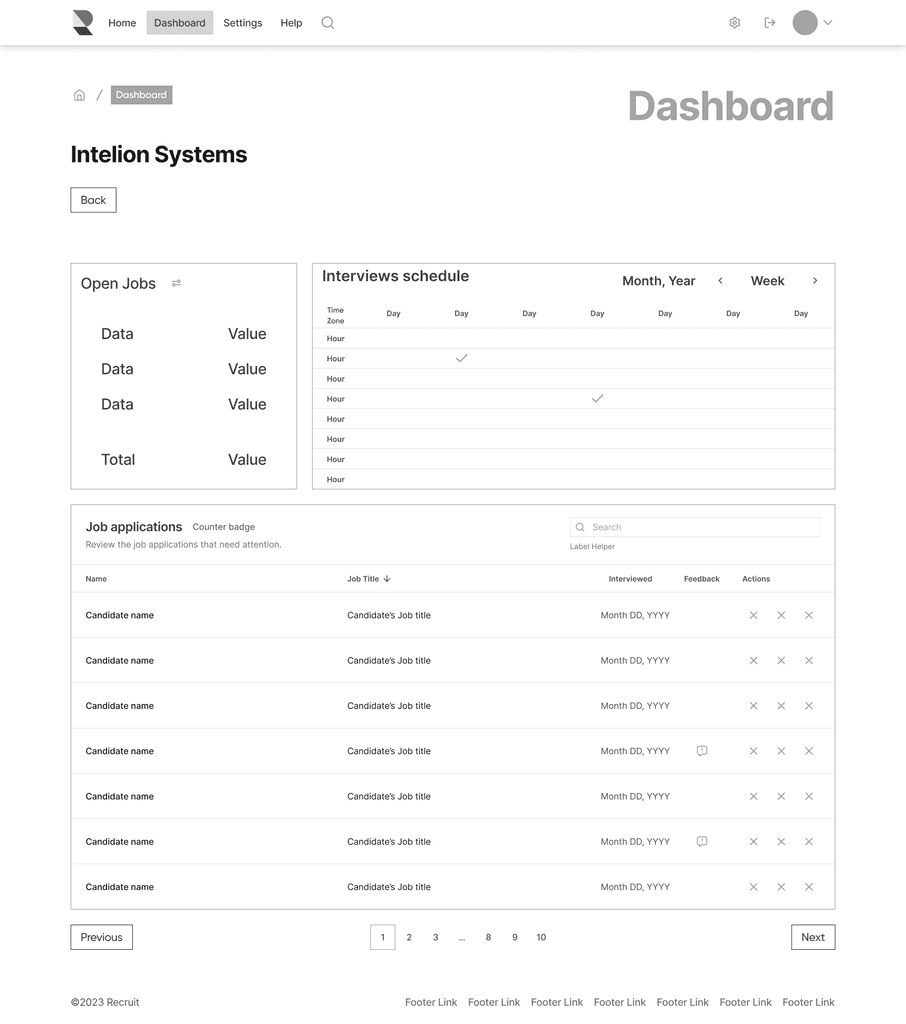 Dashboard wireframe for Intelion Systems, displaying open job statistics, a weekly interview schedule, and job application details. Includes fields for data values, time slots for interviews, and a table of candidates with job titles, interview dates, and action buttons.