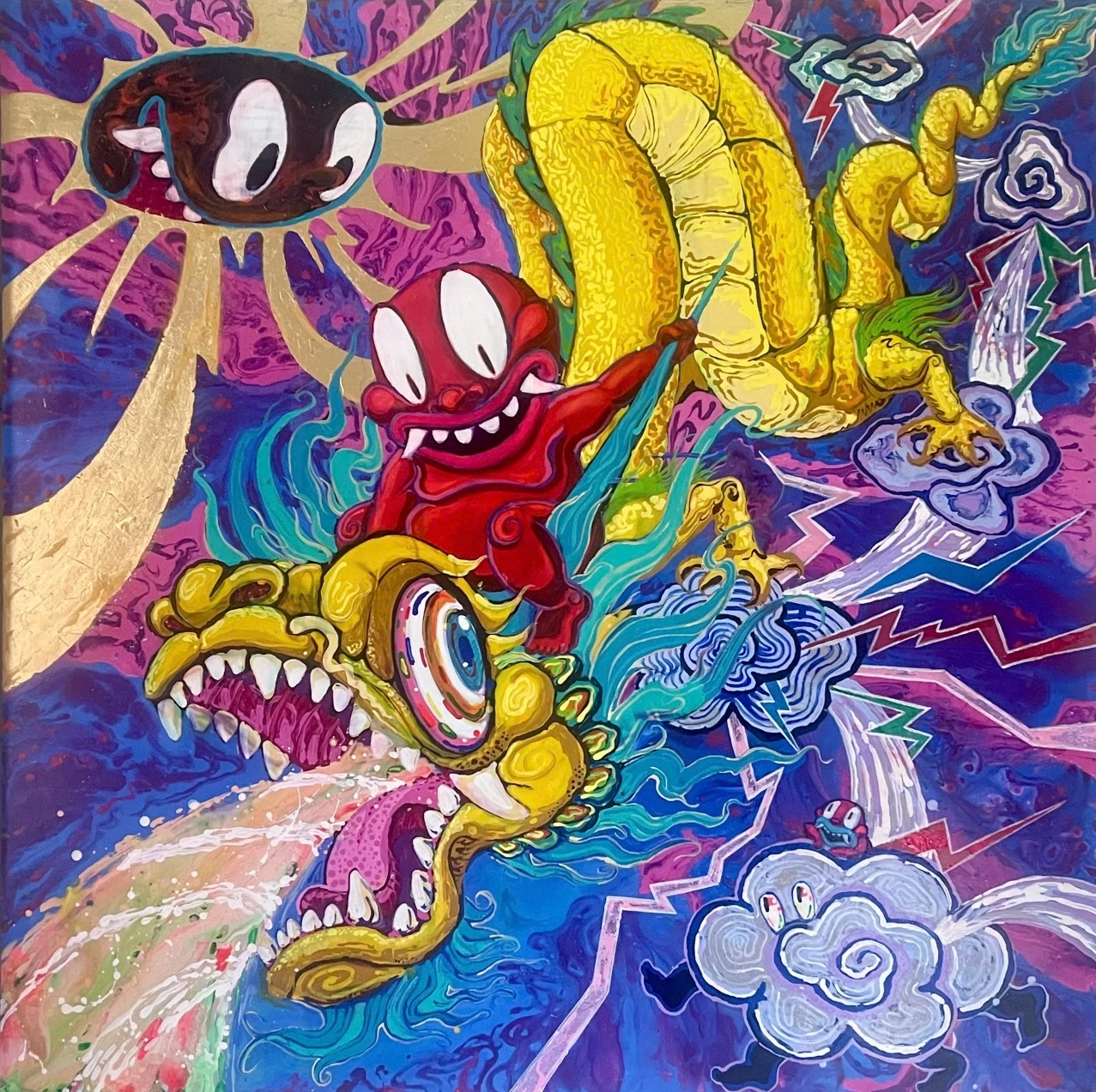 Red creature riding yellow dragon with stormy clouds and sun