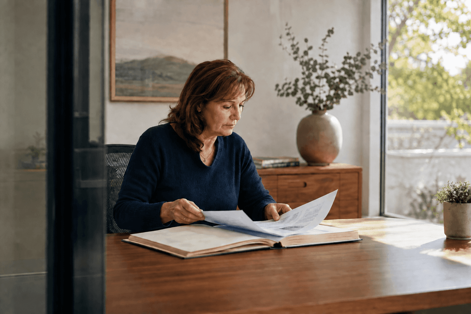 A woman reviews paperwork at a table.