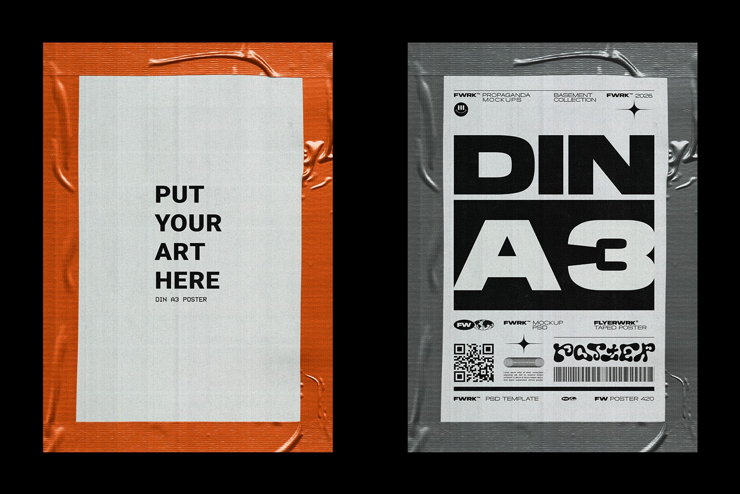 Raw taped poster mockup DIN A3 with scanned texture and taped edges design