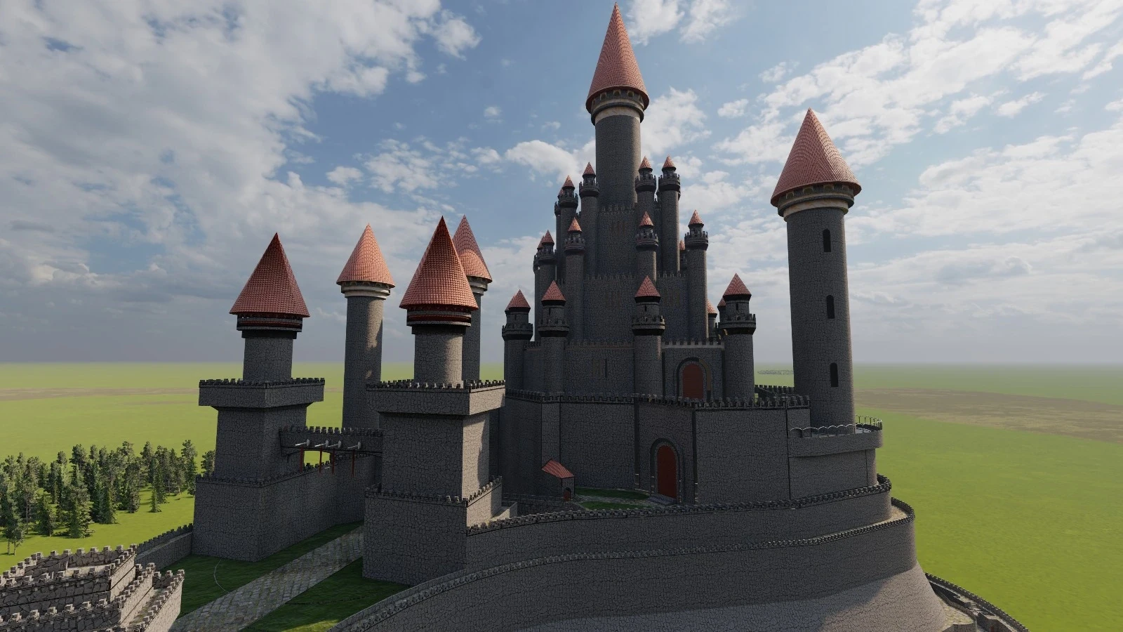 تصميم ثلاثي الأبعاد لمشروع Castle يوضح الجدران والأبراج والأسطح المخروطية ذات القرميد الأحمر.