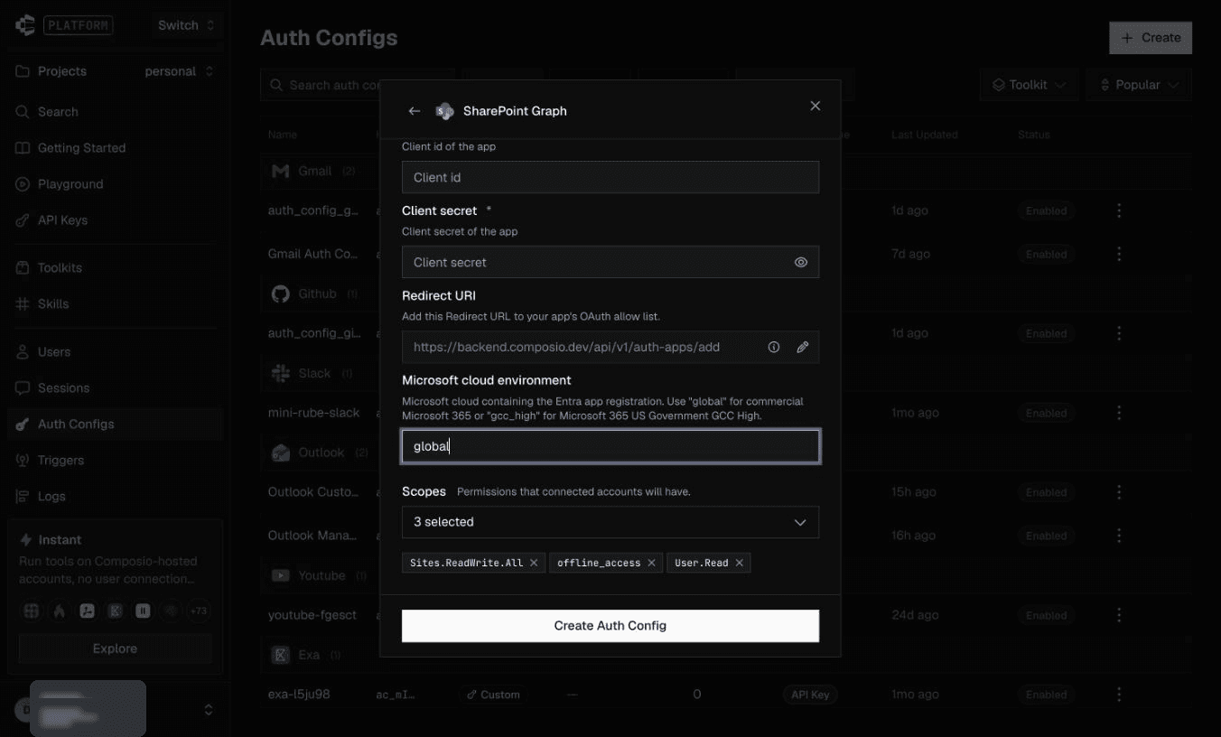 Cloud setting, original callback and site editing scopes