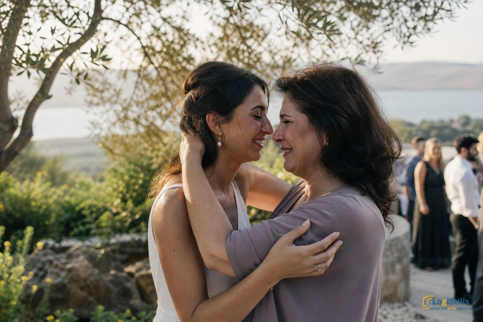שתי נשים מתחבקות באירוע בצפון מול נוף פתוח