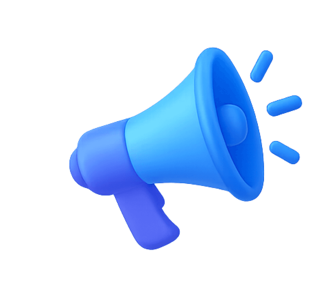 3D blue megaphone illustration against a black background. Announcement concept.