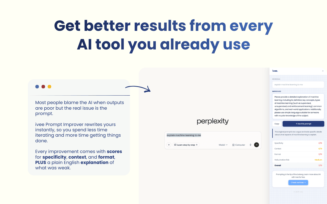 How the ivee Prompt Improver rewrites a weak prompt, with the improved version then used in Perplexity