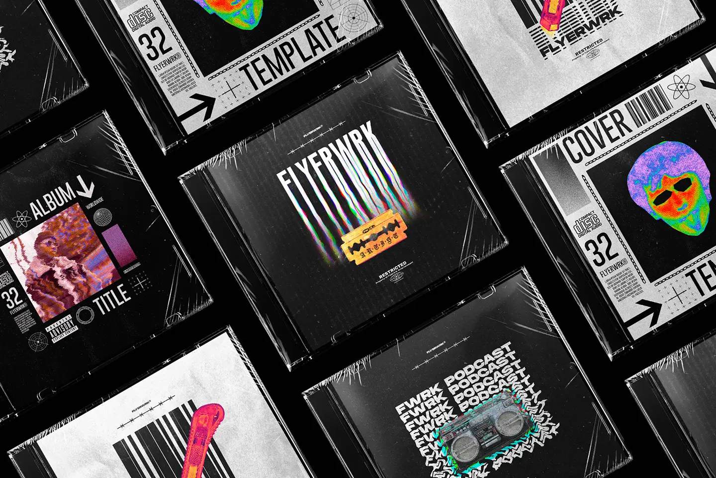 Collection of five bold album cover design templates with glitch effects and retro artistic elements
