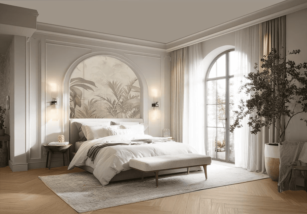 A modern white SUV is parked in a stylish driveway under a sleek carport. A woman in business attire walks towards the vehicle, conveying a professional tone.