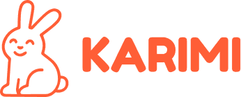 Orange outline of a smiling rabbit sitting next to the bold text KARIMI.