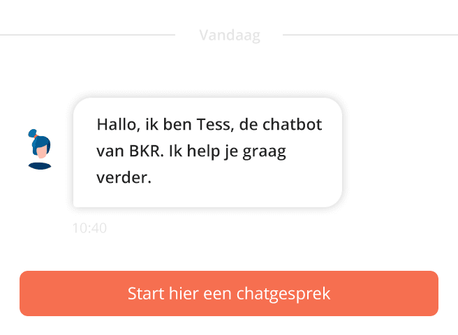 Chat window in which Tess, the AI Agent of BKR, greets a visitor