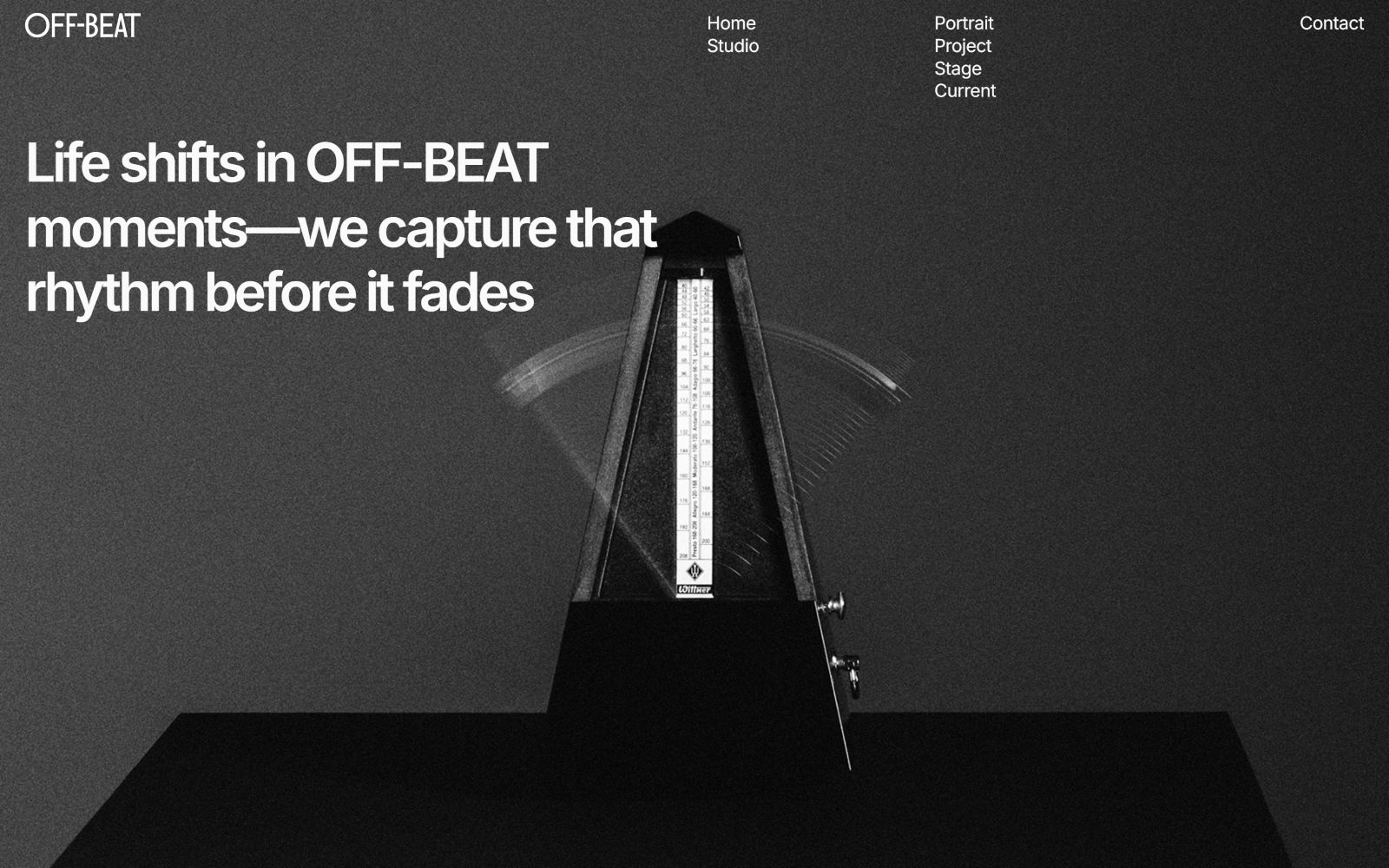 Black and white metronome with open arms, diagonal "OFF-BEAT" logo and text: "Life shifts in OFF-BEAT moments—we capture that rhythm before it fades.