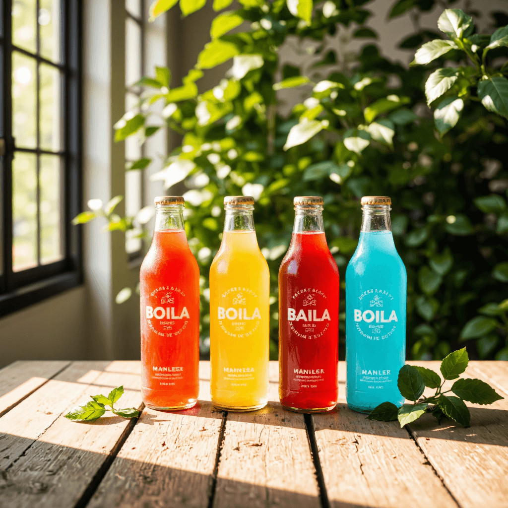 product photography of a set of flavored soft drink bottles