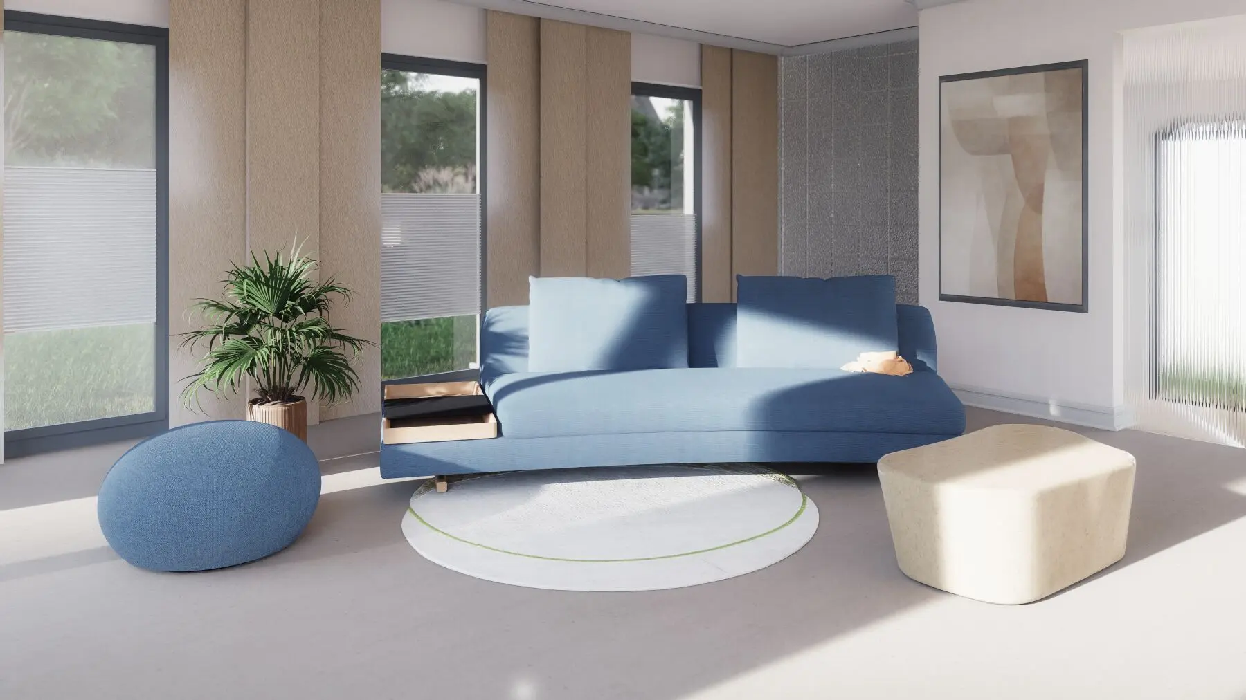 blaues Sofa in kühler Atmosphäre