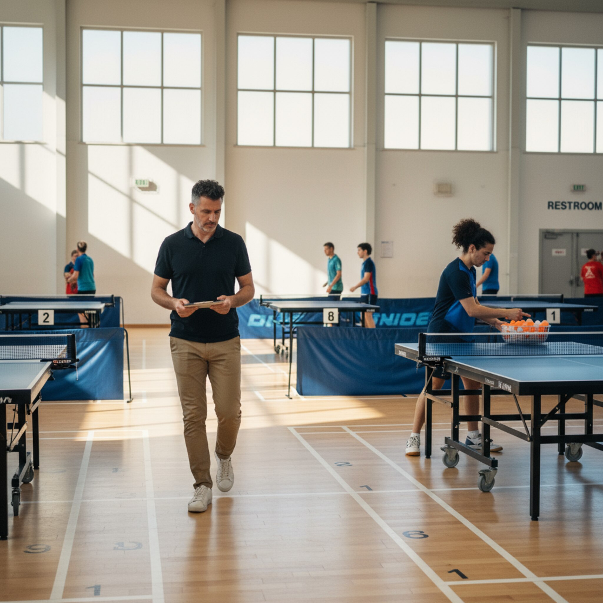 Ein Hallenmanager geht an nummerierten Platten entlang und überprüft Markierungen am Boden. Sonnenlicht fällt in Streifen durch hohe Fenster und hebt freie Flächen hervor. Ein Trainer richtet ein Spielfeld für ein Doppel ein, eine Reserveplatte bleibt sichtbar leer. Die Ordnung der Halle macht die Planung greifbar.