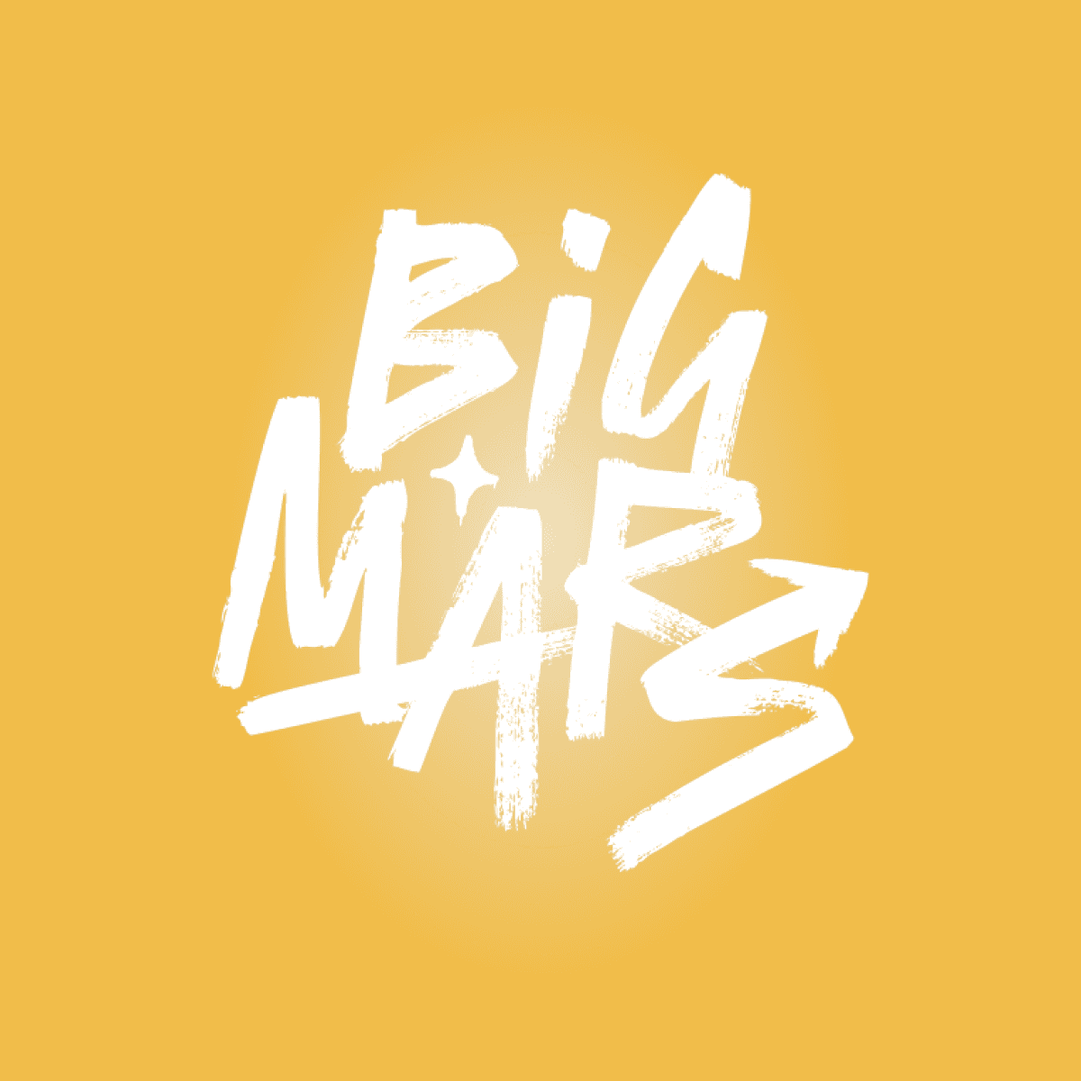 Logo avec l’inscription “Big Mars” en texte blanc, dans une police de style graffiti, sur un fond jaune uni.