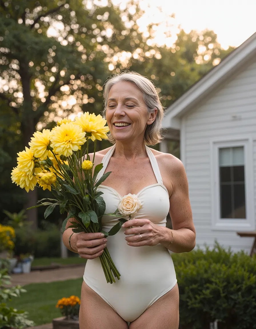A joyful garden scene featuring bright yellow chrysanthemums against elegant white swimwear, set in a lush backyard at golden hour.