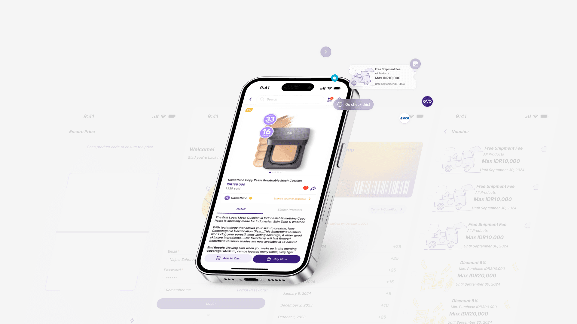 A smartphone displaying a shopping app screen with a cosmetic product, featuring 33 reviews and 16 likes. The interface is sleek and modern.