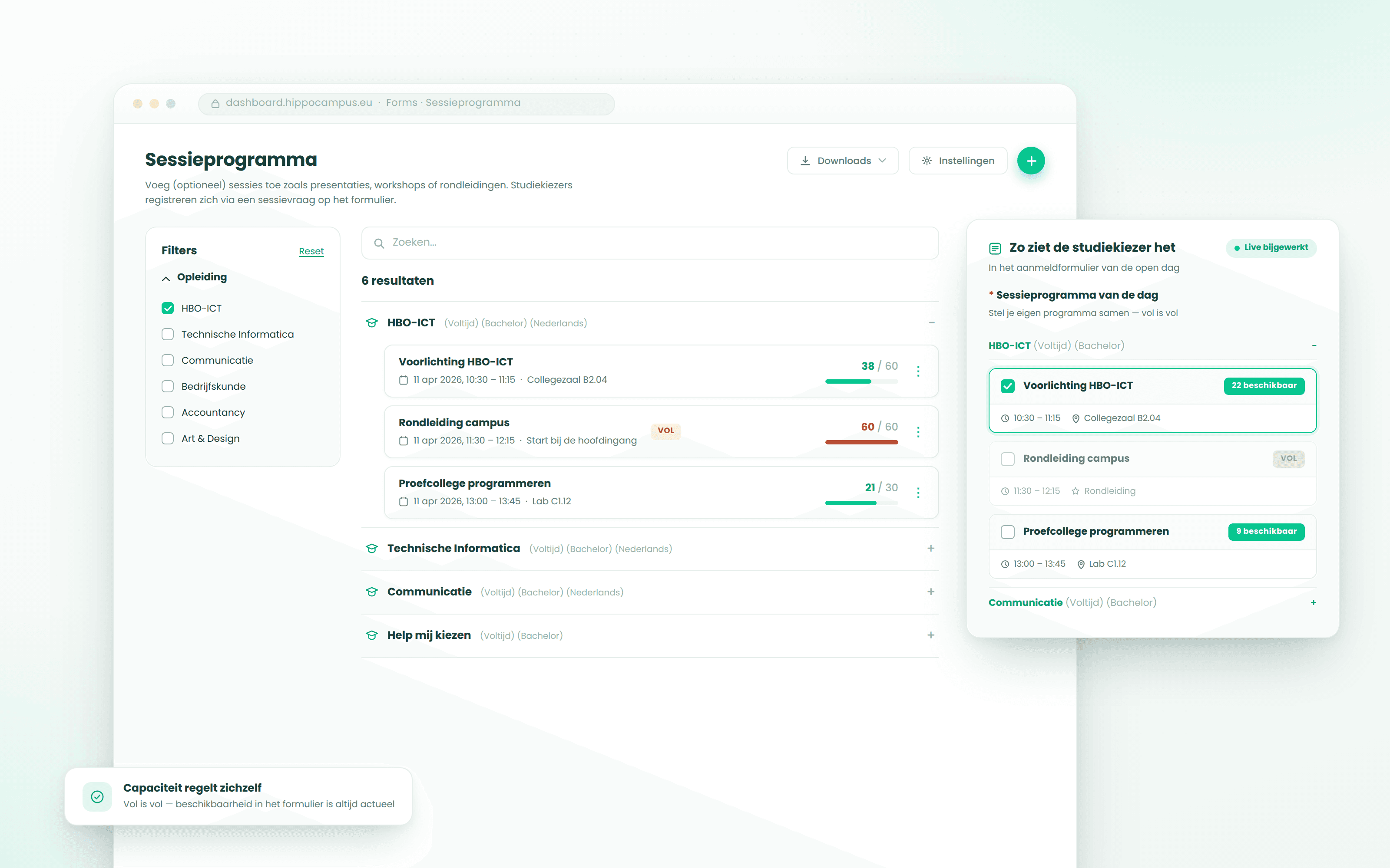 Hippocampus-dashboard met het sessieprogramma en een live preview van hoe de studiekiezer de sessies ziet