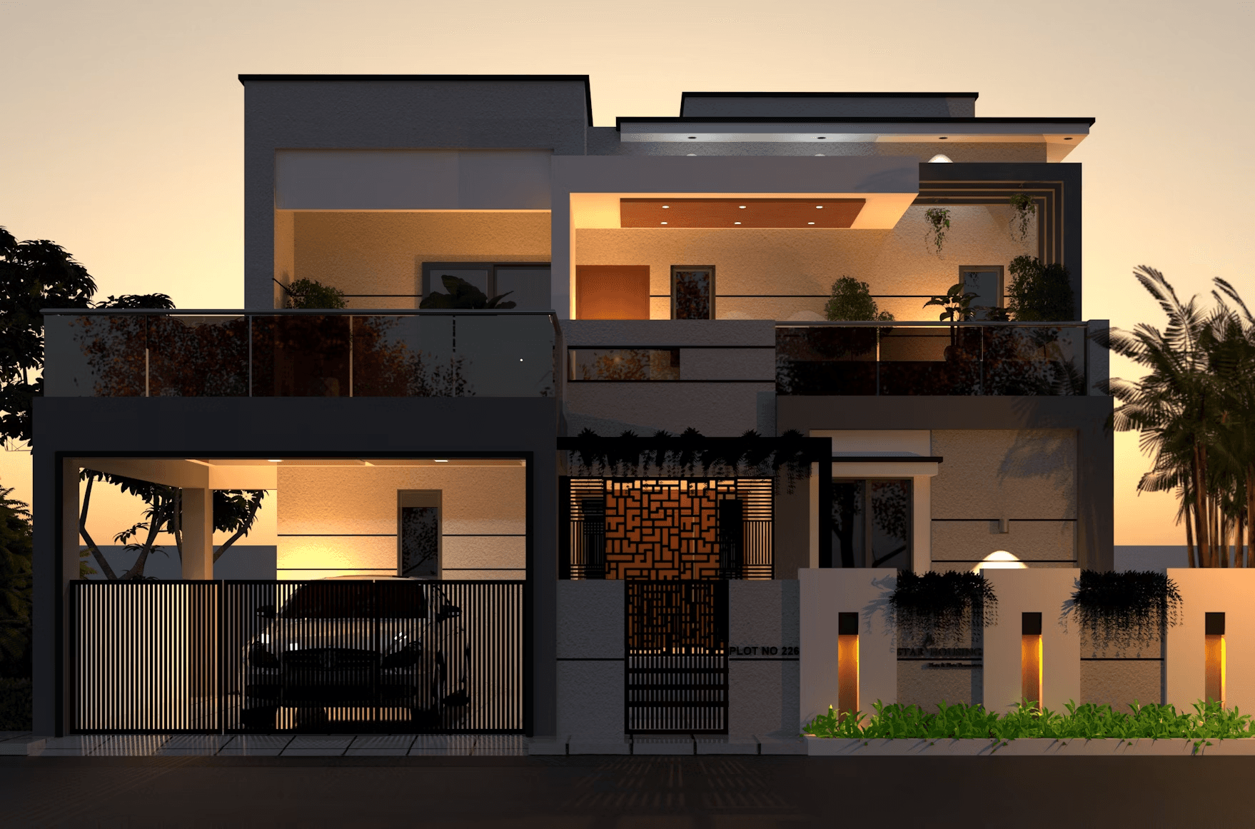 Modern house with multiple levels and balconies