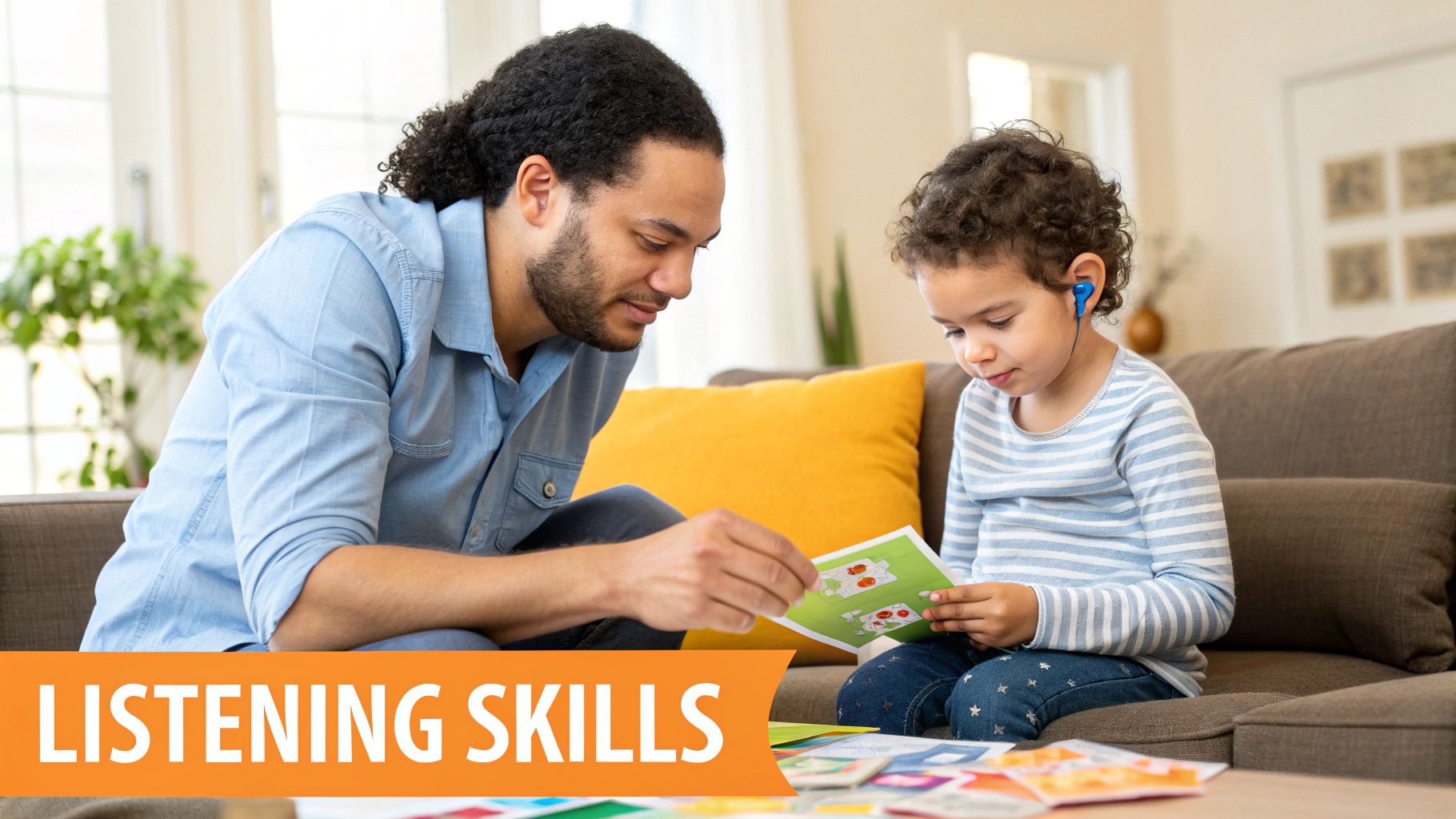 A professional woman in an open-plan office feeling overwhelmed by background noise.