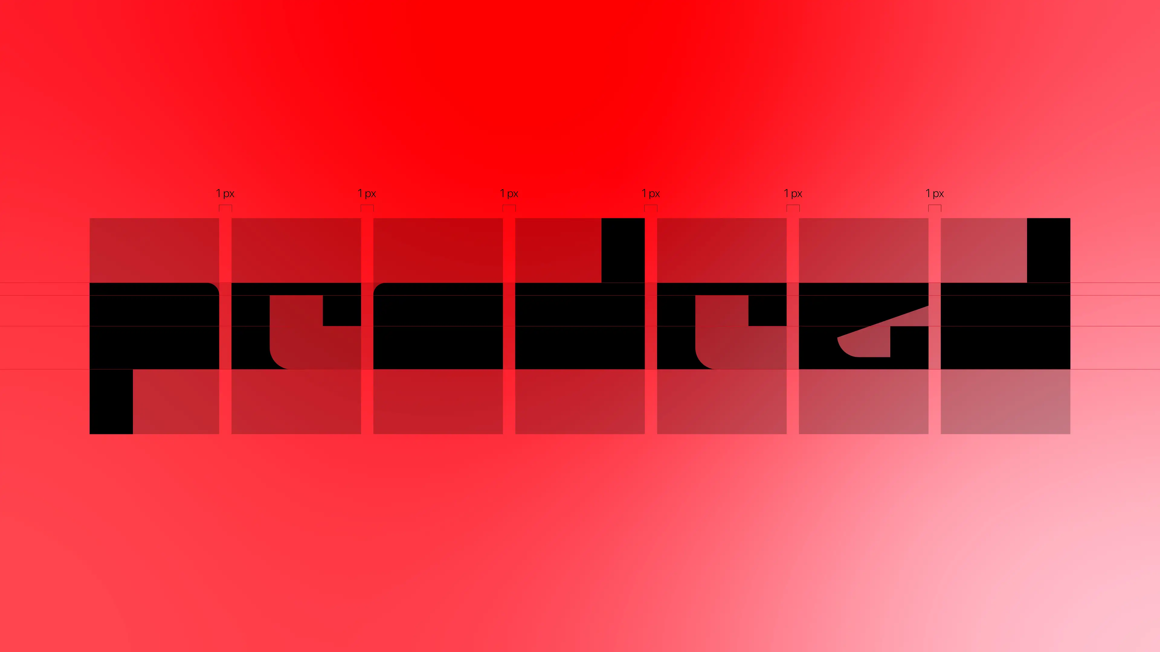 Technical logo construction diagram for Prodred showcasing precise pixel alignments on a vibrant red gradient background.