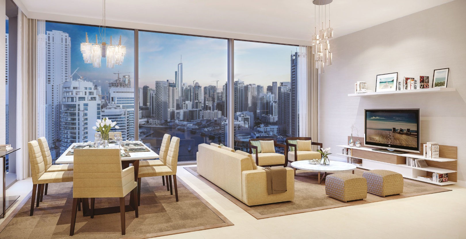 A modern living room and dining area in a condo, featuring sleek furniture and contemporary decor by Emaar.