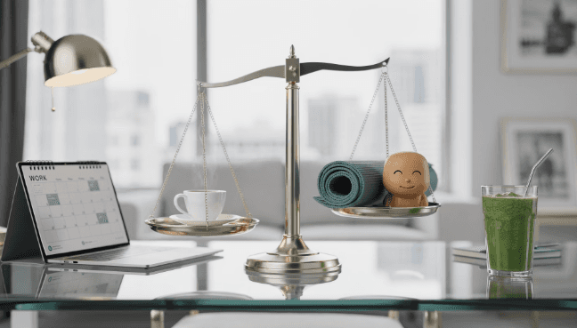 Modernes, helles Büro mit Schreibtisch, Laptop, Pflanzen und minimalistischer Einrichtung