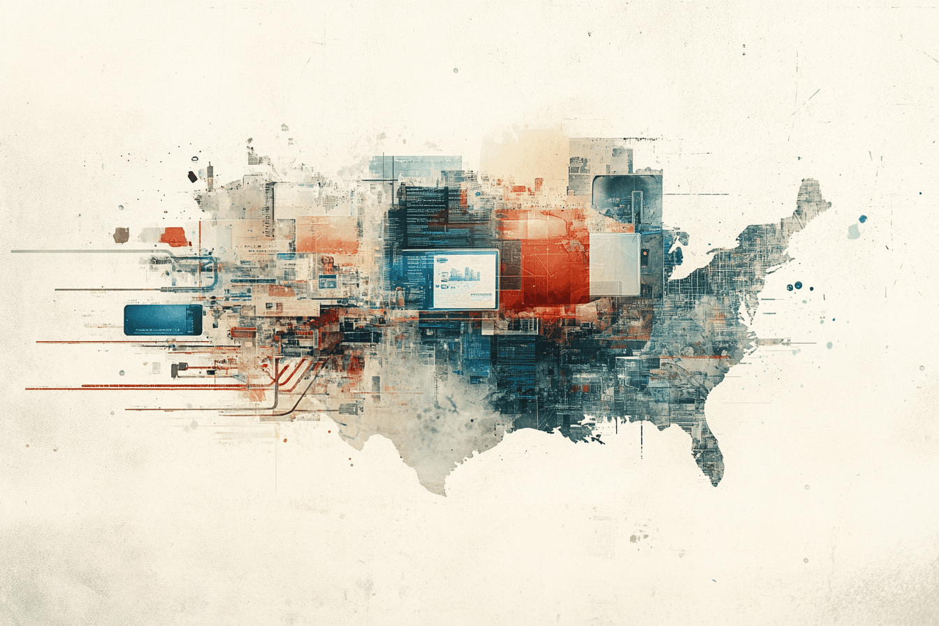 An AI-generated image of a map of the United States of America made of technological components