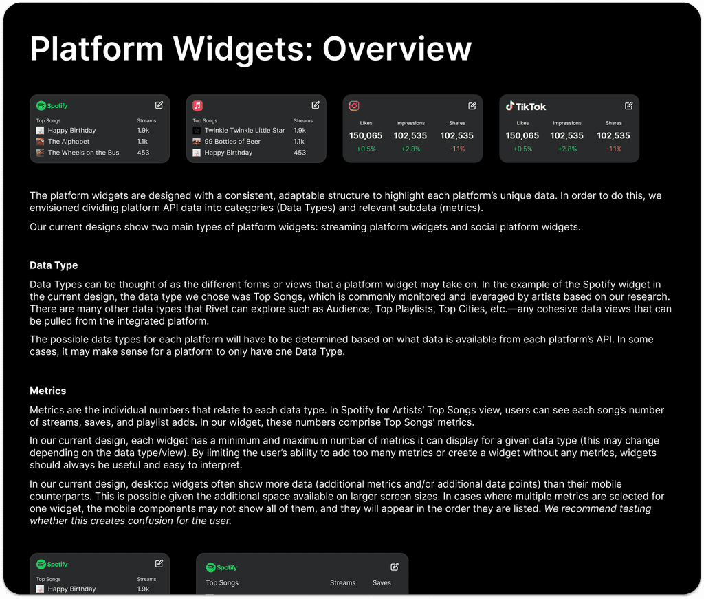 An example of a documentation page that we handed off to the Rivet team with widgets and explanations of the underlying data they display.