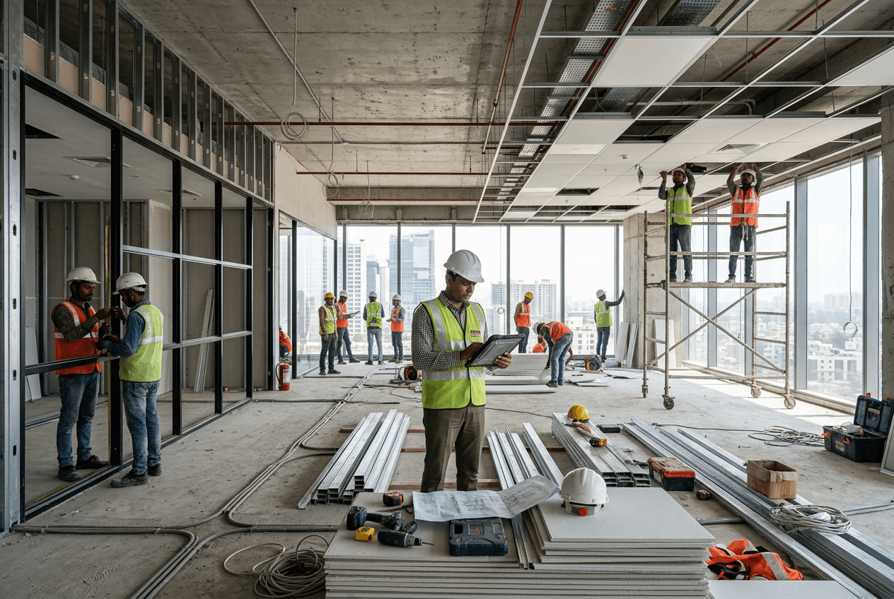 Construction site with scaffolding and steel beams. Tropical background with palm trees. Building under construction at sunset.