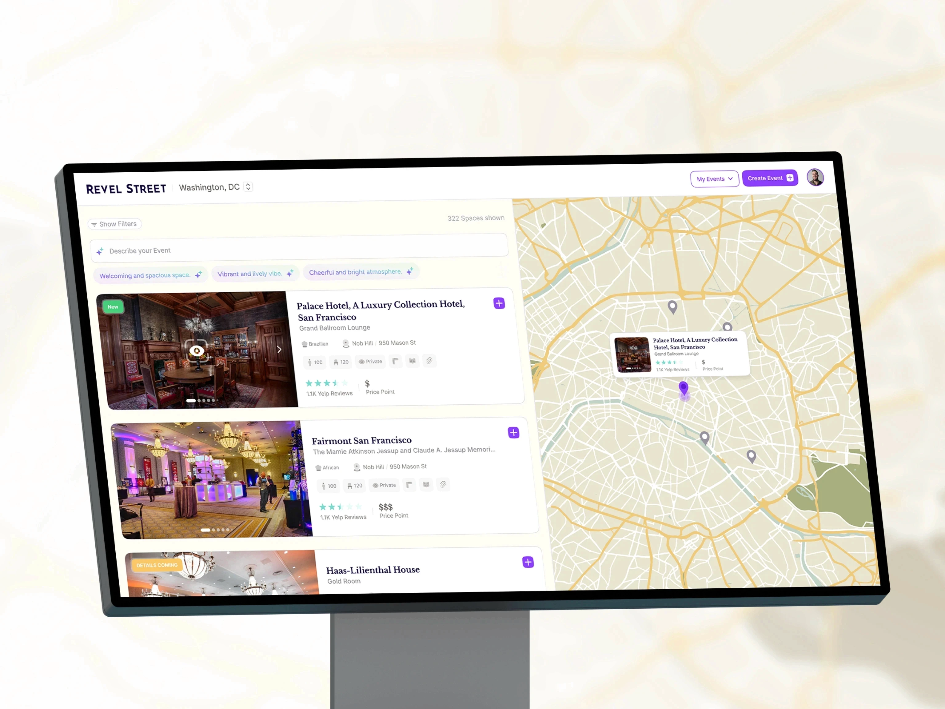 Revel Street venue discovery dashboard and map